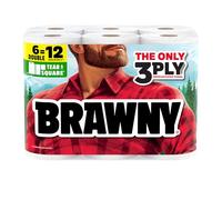 Brawny Tear-A-Square 3-Ply Paper Towels, 6 Double Rolls = 12 Regular Rolls, Strong, Absorbent, and Durable with 3 Sheet Sizes (Quarter, Half, Full)