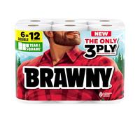 Brawny Tear-A-Square 3-Ply Paper Towels, 6 Double Rolls = 12 Regular Rolls, Strong, Absorbent, and Durable with 3 Sheet Sizes (Quarter, Half, Full)