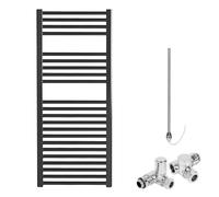 Bray Straight Black Dual Fuel Heated Towel Rail/Warmer/Radiator For Central Heating And Electric. Round Tube Ladder Design, 1200 x 500