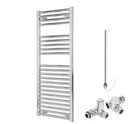 Bray Straight Dual Fuel Heated Towel Rail/Warmer/Radiator, Chrome. Round Tube, High Output, For Bathroom, Kitchen, 1200 x 500