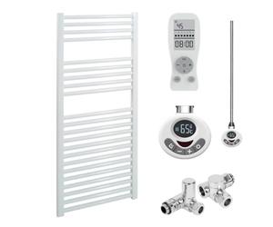 Bray Straight Dual Fuel Thermostatic Electric Heated Towel Rail/Warmer/Radiator, White, With Timer. Round Tube, High Output. For Bathroom, Kitchen, 1000 x 500