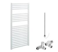 Bray Straight White Dual Fuel Heated Towel Rail/Warmer/Radiator For Central Heating And Electric. Round Tube Ladder Design, 1200 x 500