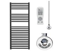 Bray Thermostatic Electric Heated Towel Rail/Bathroom Radiator With Timer, Thermostat, Prefilled, Black, 1200 x 500