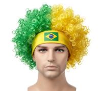 Brazil Colors Curly Afro Wig for Men with Headband, Yellow Green Crazy Party Hair for World Cup Soccer Fan Halloween Cosplay Adult Costume (Yellow and Green)