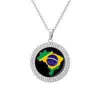 Brazil Flag Map Women's Round Diamond Necklace Vintage Alloy Pendants Multicolored Sparkly Jewelry