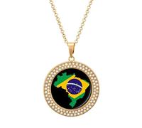 Brazil Flag Map Women's Round Diamond Necklace Vintage Alloy Pendants Multicolored Sparkly Jewelry