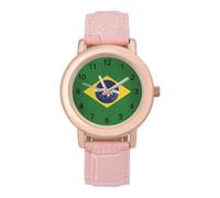 Brazil Flag Women's Leather Watch Easy Reader Minimalist Wristwatch Pink Rose Gold Strap Watches