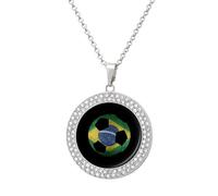 Brazil Soccer Ball with Brazilian Flag Round Pendant Necklace Diamond Edging Brilliant Personalized Jewelry Gifts for Women Silver-style