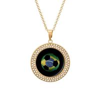 Brazil Soccer Ball with Brazilian Flag Round Pendant Necklace Diamond Edging Brilliant Personalized Jewelry Gifts for Women Golden-style