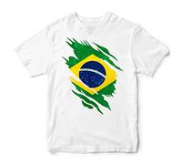 Brazil Torn Effect Kids T Shirt Boys Girls Football Supporters Brazilian Brasil Tee, 12-13 Years, White