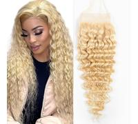 Brazilian 613 4x4 Lace Closure Deep Wave Honey Blonde Unprocessed Human Virgin Hair Deep Curly Pre-Plucked Hairline Closure With Baby Hair (20inch, 613 deep wave closure)