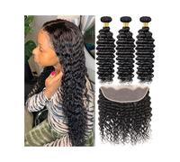 Brazilian Hair Deep Wave Bundles with Frontal, 3 with 13x4 Free Part Lace Curly Remy Human Extension Hair Bundles(28 30 32 Closure 22)