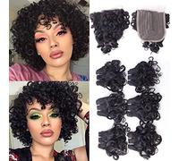 Brazilian Human Hair Short Curly Body Wave Bundles with Closure 10A Remy Ocean Weave 6 Bundles with Closure 25g/Bundle (8",8",8",8",8",8",8",8",8",8"+)