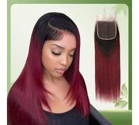 Brazilian Ombre 1B 99J Straight 4x4 Lace Closure 100% Unprocessed Human Virgin Hair Red Wine Pre-Plucked Hairline 2 Tone 1b/99j Front 1B Burgundy Closure 10 Inch