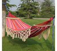 Brazilian Tassels Cotton Double Hammock with Fringe Crochet 200x150cm 200kg Max Weight Capacity Includes Carry Bag Blue Color