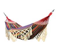 Brazilian Tassels Cotton Double Hammock with Fringe Crochet 200x150cm 200kg Max Weight Capacity Includes Carry Bag Blue Color