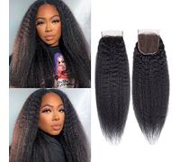 Brazilian Virgin Kinky Straight 4x4 Lace Closure 9A Grade 100% Unprocessed Yaki Straight Human Hair 4x4 HD Lace closure Free Part Natural Black Color (14Inch, kinky straight closure)