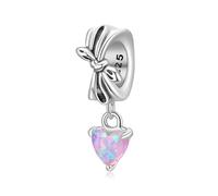BRBRB Pink Opal Bow Charm for DIY Jewelry - S925 Sterling Silver Heart Bead Compatible with Pandora, Biagi, Troll & Chamilia Bracelets - Sweet Dreamy Gift for Birthdays, Valentine’s Day
