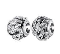 BRBRB S925 Sterling Silver Dragon & Phoenix Charms - Chinese Mythology DIY Beads Compatible with Pandora, Biagi, Troll & Chamilia | Hypoallergenic Cultural Jewelry Making(2pcs)