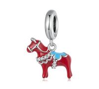 BRBRB S925 Sterling Silver Swedish Dala Horse Charm - Red Oxidized DIY Bead with 3A Zirconia, Compatible with Pandora, Biagi, Troll & Chamilia Jewelry