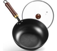 BrBrGo Carbon Steel Wok, 9.5" Deep Frying Pan With Lid, Flat Bottom Small Wok, 3-Qt. Saute Pan, Authentic Chinese Stir-Fry Pans with Glass Lid