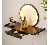 BRCYKRWY Wall-Mounted Buddha Statue Stand with LED Light Table Personal Shrine Altar Bamboo Prayer Meditation Table Small Prayer Bench for Incense Offerings