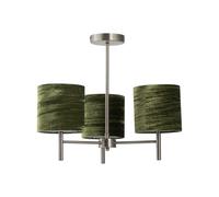Brea Antique Brass Ceiling Light Fitting with Green Crushed Velvet Shades, LED Compatible, Modern Semi Flush Design