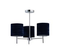 Brea Chrome Ceiling Light Fitting with Navy Blue Crushed Velvet Shades, LED Compatible, Modern Semi Flush Design