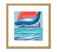 Breaching Blue Whale At Sunset Ocean Sea Splash Island Watercolour Painting Square Wooden Framed Wall Art Print Picture 8X8 Inch Artery8 Light Oak One Size