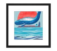 Breaching Blue Whale At Sunset Ocean Sea Splash Island Watercolour Painting Square Wooden Framed Wall Art Print Picture 8X8 Inch Artery8 Black One Size