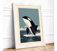 Breaching Orca Japandi Framed Wall Art Print A2 (59.4×42cm) White, Wall Decor for Living Room, Bedroom, Office & Home, Ready to Hang, Art Gift