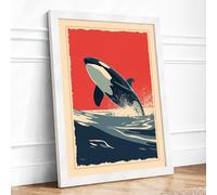 Breaching Orca Vintage Framed Wall Art Print A4 (29.7×21cm) White, Wall Decor for Living Room, Bedroom, Office & Home, Ready to Hang, Art Gift