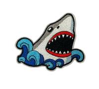 Breaching Shark Wave Patch - Large Iron On Embroidery Sea Predator Badge (10 x 8cm)