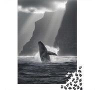 Breaching Whale at Coastal Cliffs in Black And White 1000-Piece Jigsaw Puzzle for Adults, 70x50cm/1000pcs, White Cardboard Construction, Screen-Free Leisure And Family Time