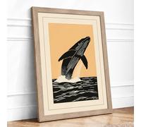 Breaching Whale Coastal Framed Wall Art Print A1 (84.1×59.4cm) Oak, Wall Decor for Living Room, Bedroom, Office & Home, Ready to Hang, Art Gift