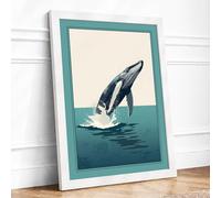 Breaching Whale Coastal Framed Wall Art Print A2 (59.4×42cm) White, Wall Decor for Living Room, Bedroom, Office & Home, Ready to Hang, Art Gift