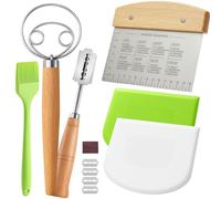 Bread Baking Tool Set, Danish Dough Whisk, Lame Bread with Blades, Silicone Brush, Dough Scraper, Bench Scraper with Measuring Guide, Essential Bread Kit