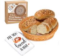 Bread Basket Warmer with Round Stone and Kitchen Towel: 3-in-1 Set for Serving Warm Sourdough, Tortillas | Terracotta Gift for Kitchen Lovers, Women | Hostess Housewarming