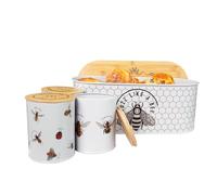 Bread Bin & 3-Piece Canister Set - Airtight Metal Containers for Bread, Tea, Coffee & Sugar - Stylish Kitchen Storage & Organized Countertops (Bumble Bee)