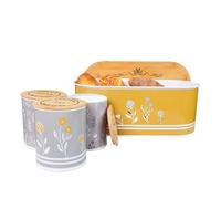 Bread Bin & 3-Piece Canister Set - Airtight Metal Containers for Bread, Tea, Coffee & Sugar - Stylish Kitchen Storage & Organized Countertops (Floral Yellow)