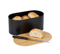 Relaxdays Bamboo & Steel Bread Bin with Cutting Board Lid, 15.5 x 34 x 18.5 cm, Black