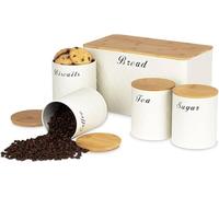 Bread bin Canisters sets Tea Coffee Sugar Bread bin sets, Biscuit Barrel Canister Round Jars bread bin tea coffee sugar Biscuit Barrel Canister sets for kitchen Storage Tins with Airtight Bamboo Lids