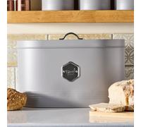 Cooks Professional Bread Bin | Modern Stylish Kitchen Countertop Labelled Metal Storage Canister | Breathable Container Box for Loaves, Pastries, Rolls | Grey & Silver