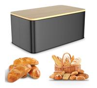 Bread Bins for Kitchen, Metal Bread Box with Bamboo Lid for Cutting Bread Board Rectangular Bread Holder Metal Bread Bin Bread Storage Container Bread Keeper Box for Bun Bagel Sandwich Toast(Black)