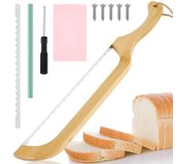 Bread Bow Cutter Serrated Bagel Cutter Stainless Steel Sourdough Bread Slicer with Bamboo Handle Portable Bread Cutter Slicer with Spare Saw Blade Saw Blade Protector and Blade Wipe for Home Baking