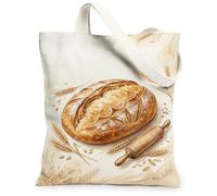 Bread Canvas Tote Bag for Women, Rustic Natural Rolling Pin Wheat Fall Beige Washable Reusable Grocery Bags Ideas for Shopp, Beige, 13x15 Inch