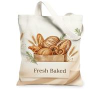 Bread Canvas Tote Bag for Women, Rustic Natural Wheat Croissant Harvest Beige Washable Reusable Shopping Bags Ideas for Sho, Beige, 13x15 Inch