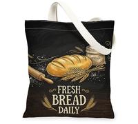 Bread Canvas Tote Bag for Women, Rustic Vintage Rolling Pin Wheat None Black Washable Reusable Shopping Bag Ideas for Shopp, Black, 13x15 Inch