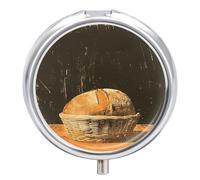 Bread in Basket Metal Pill Organizer, 3 Compartment Waterproof Pill Case with Mirror for Purse Pocket Bag, Daily Medicine Vitamin Holder, Portable Travel Med Container(Round)
