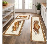 Bread Kitchen Rugs Sets of 3, Rustic Farmhouse Wheat Buns Fall Cream Comfort Washable Kitchen Throw Rugs for Sink Area Laundry Room Bathroom Vanity